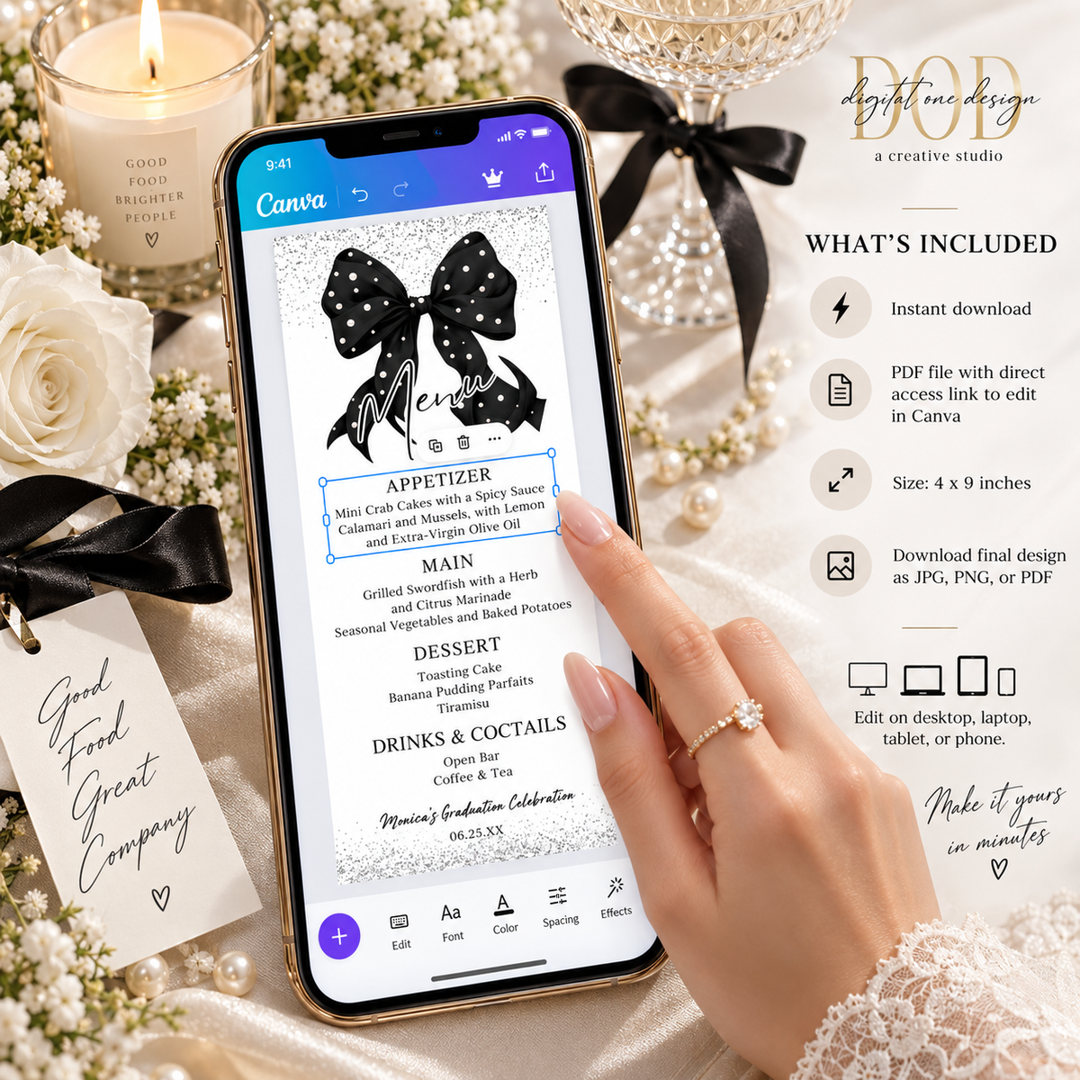 Elegant Black Bow Graduation Menu Card with Pearls displayed on a phone with floral decor and candles.