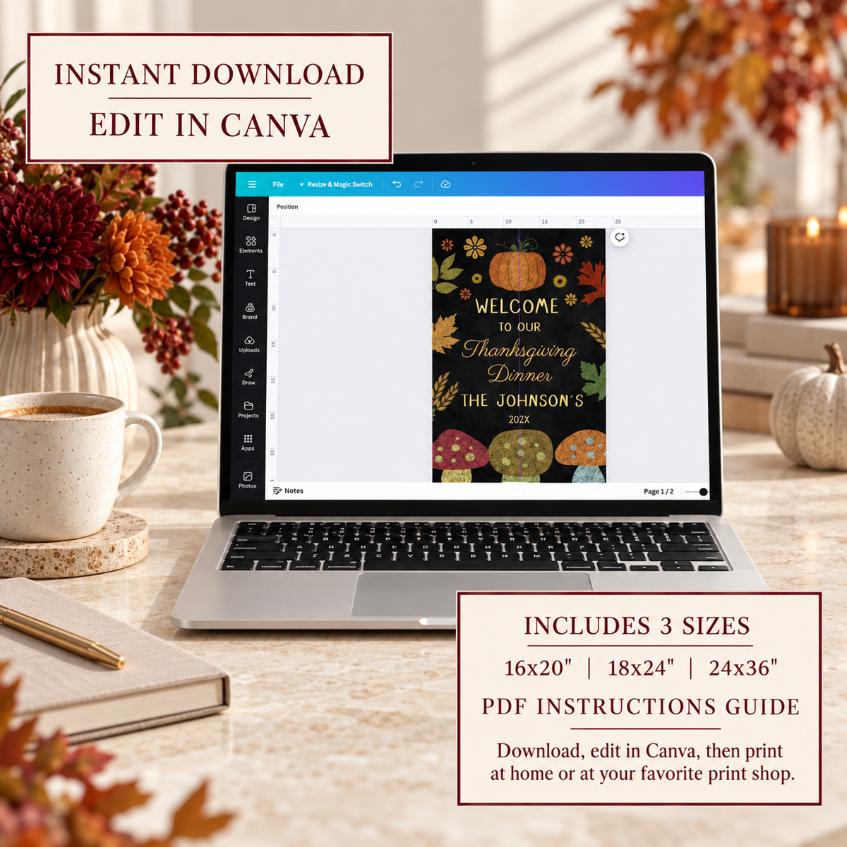 Rustic Chalkboard Pumpkin Thanksgiving Welcome Sign shown on a laptop screen in a cozy fall setting with decorations.