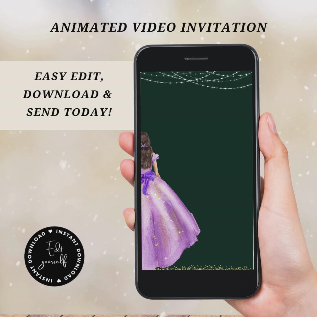 Animated video invitation showcasing a girl in a purple dress, easy to edit and download for special events.