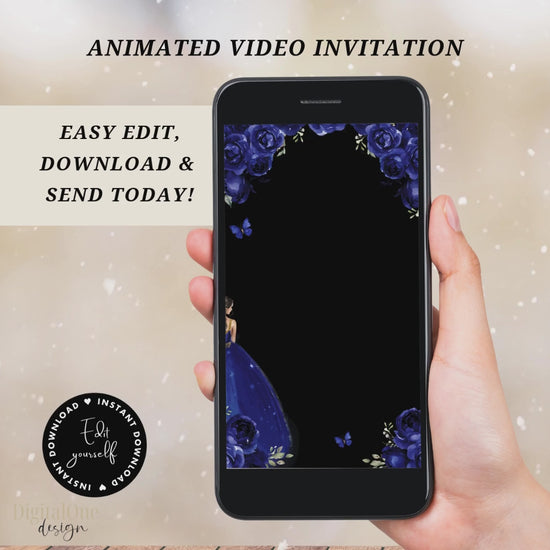princess theme sweet 15 birthday Video invitation navy blue