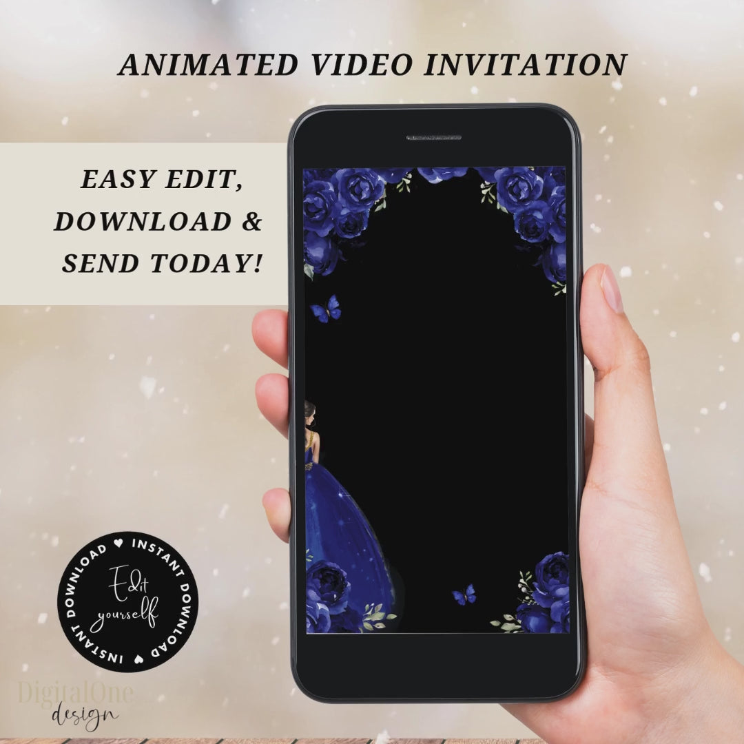 princess theme sweet 15 birthday Video invitation navy blue