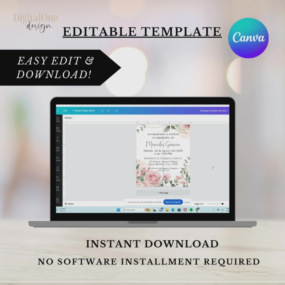 How to edit the Pink Floral Birthday invitation in Canva