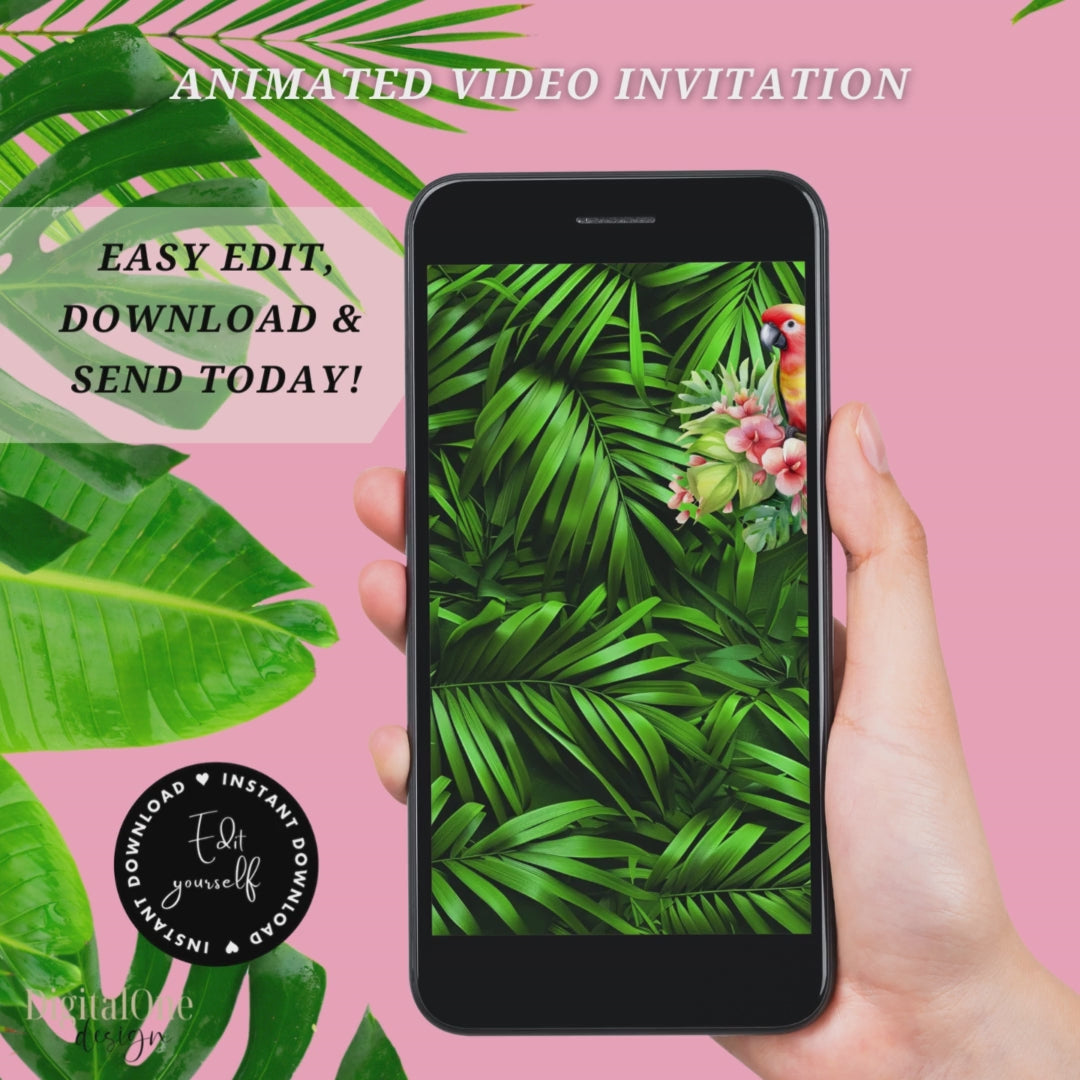 Animated digital video invitation with tropical palm leaves, easy to edit and download for birthdays.