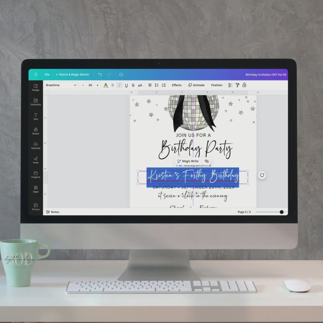 Disco ball birthday invitation easy to edit in Canva