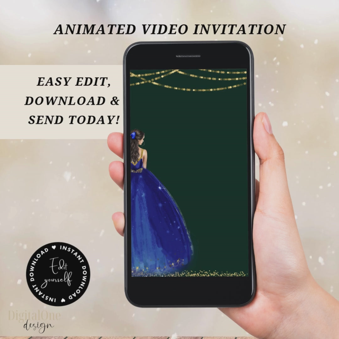 Animated video Enchanted Navy Bue Quinceanera Save the date Invite