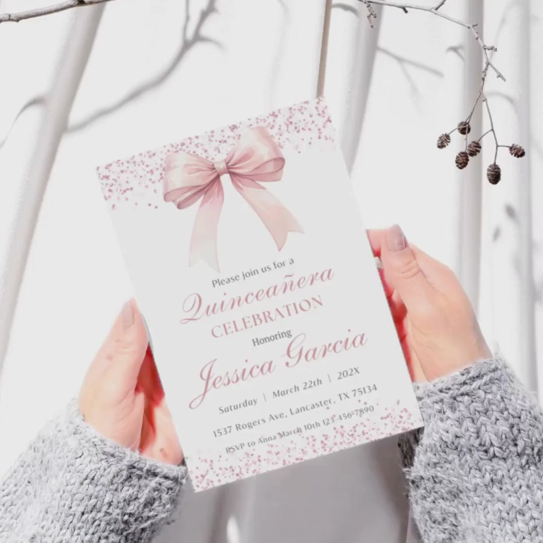Printable Pink Bow Quinceanera Invite