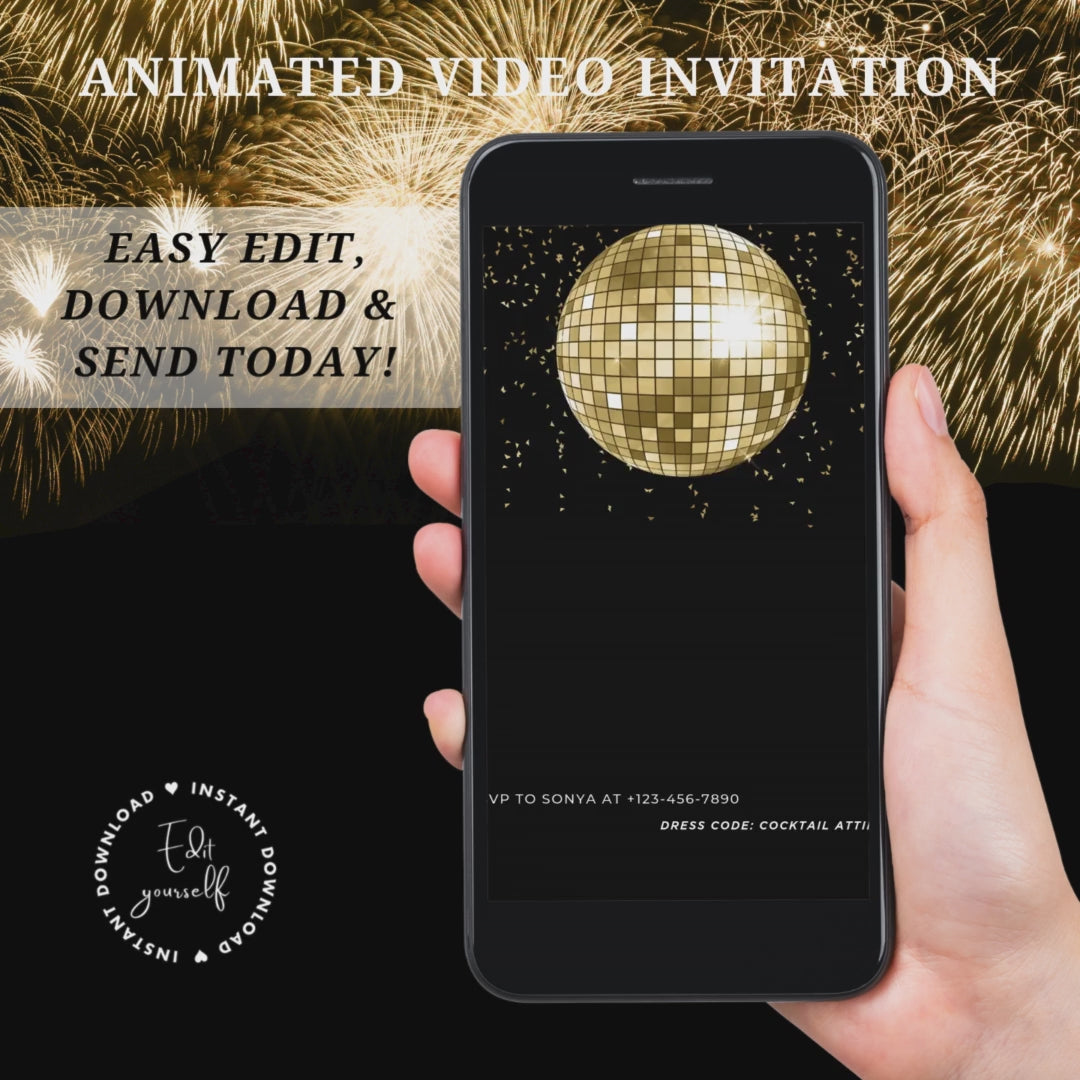 Animated Video 2026 Gold Disco ball NYE Invitation