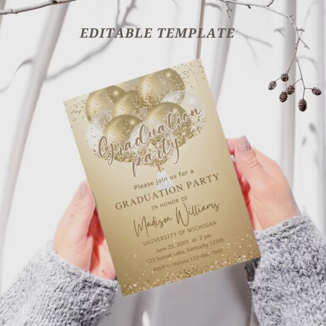 Gold Balloons Graduation Party Invitation