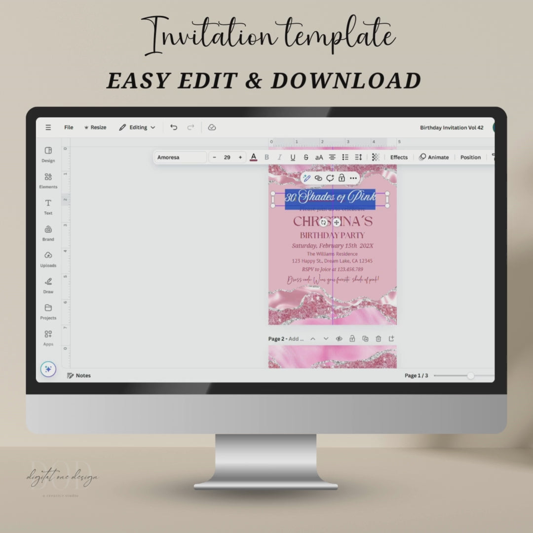 Editable Shades of Pink Birthday Party Invitation template on computer screen, easy instant download.