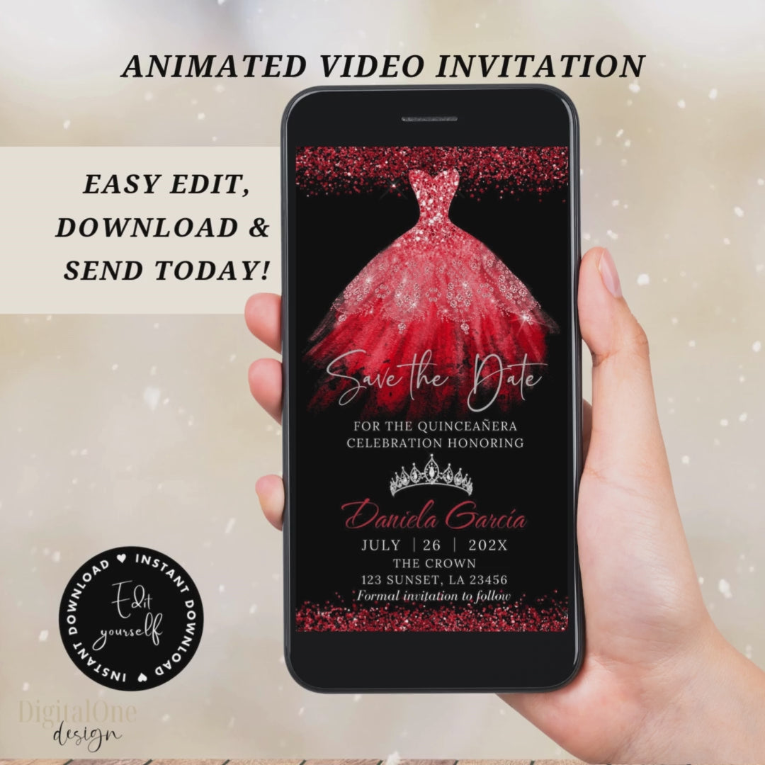 Video Animated Red Quinceañera Save the date