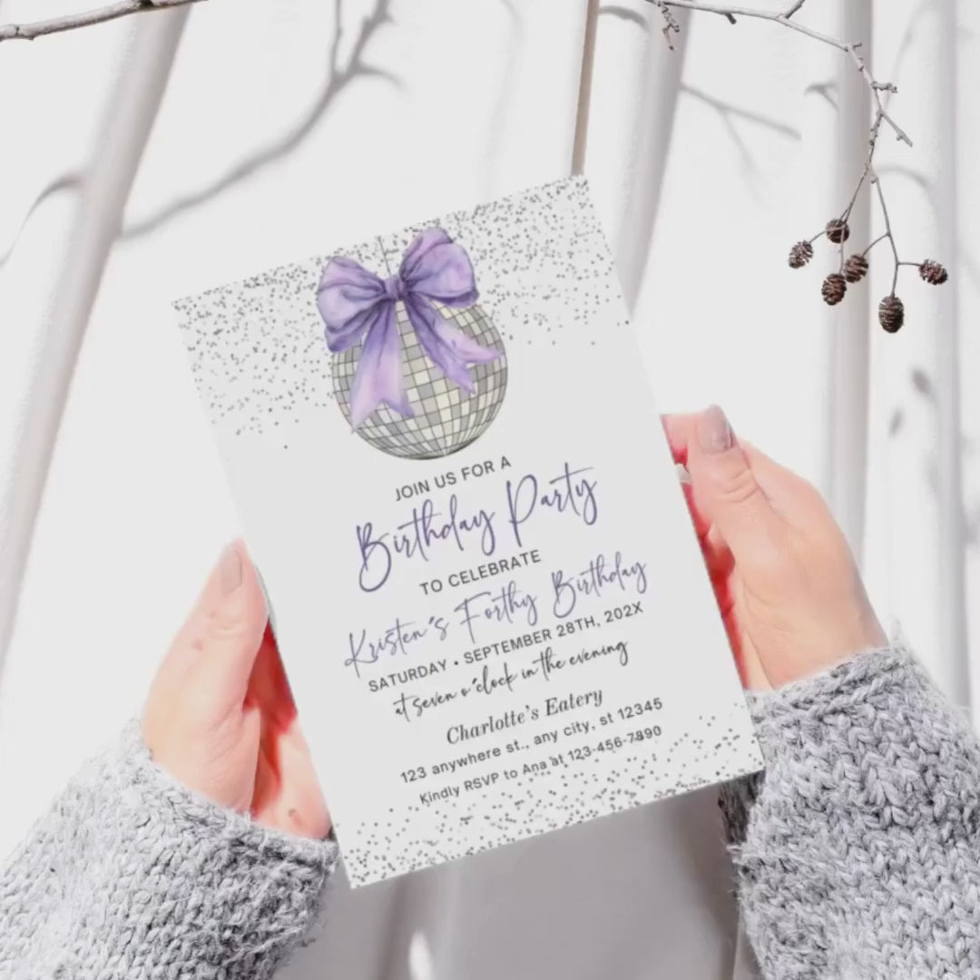 Printable Purple and Silver Disco Ball Birthday Party Invitation