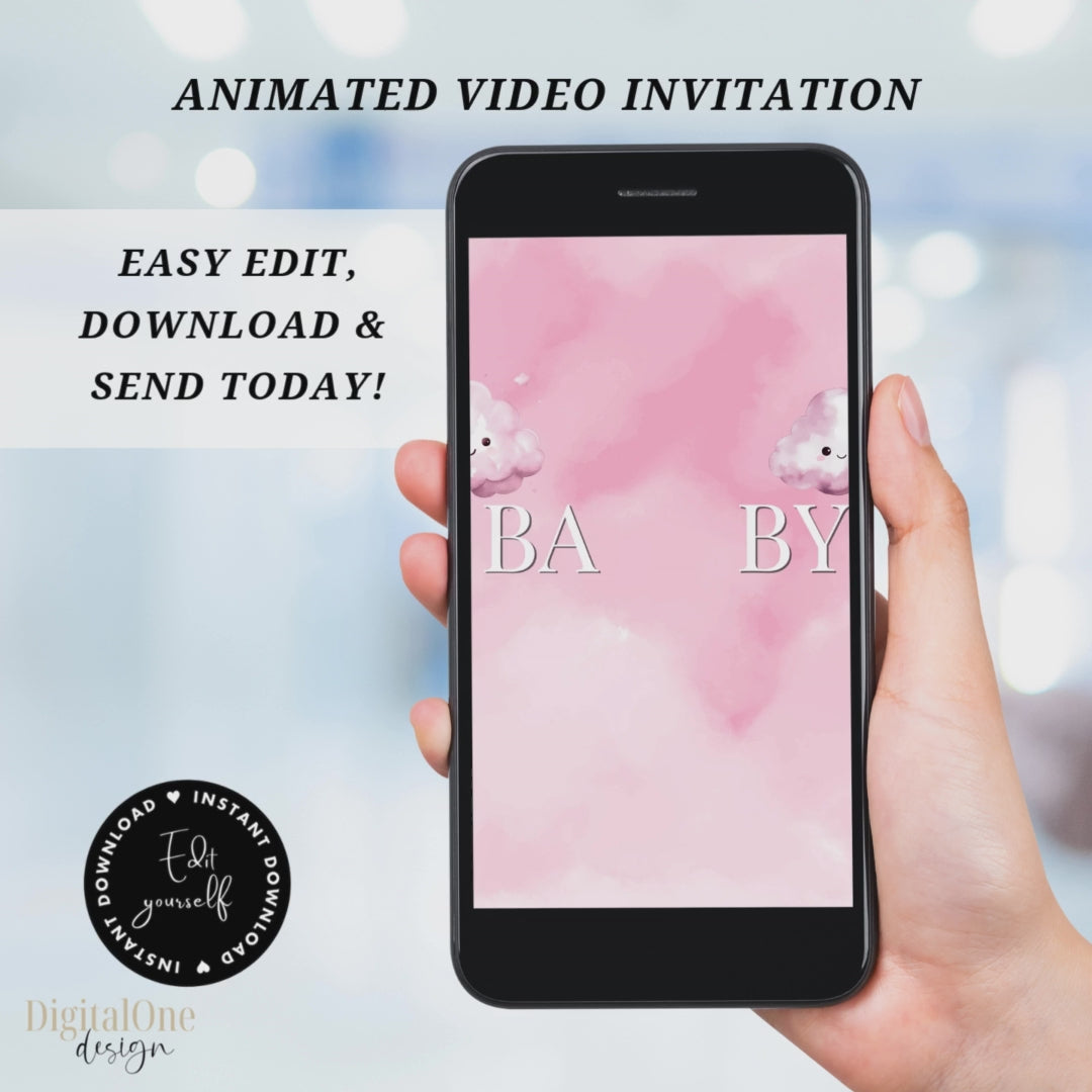 Video animated Pink Teddy Bear baby shower Invitation template