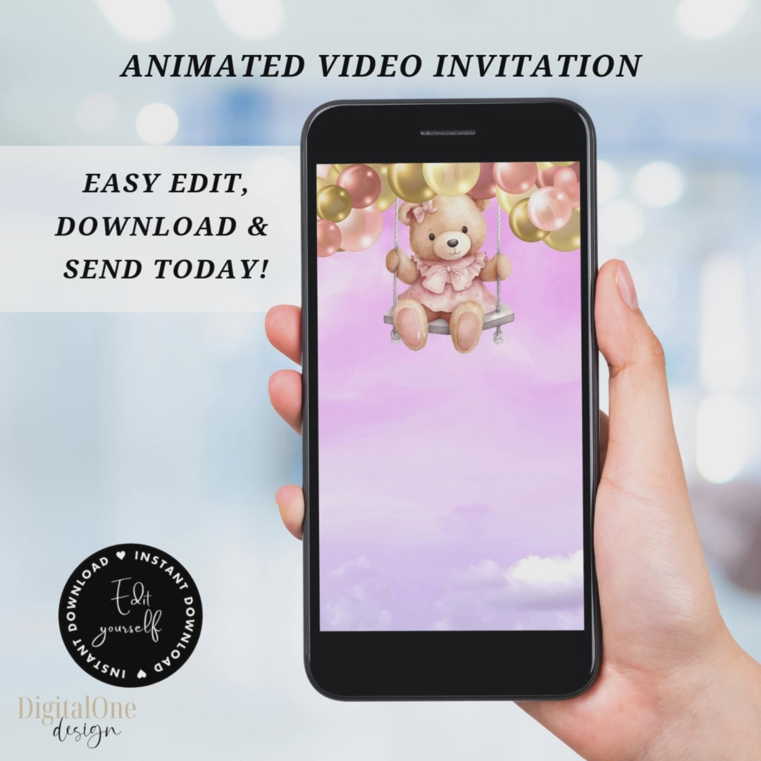 Video animated Pink Teddy bear Baby shower invitation