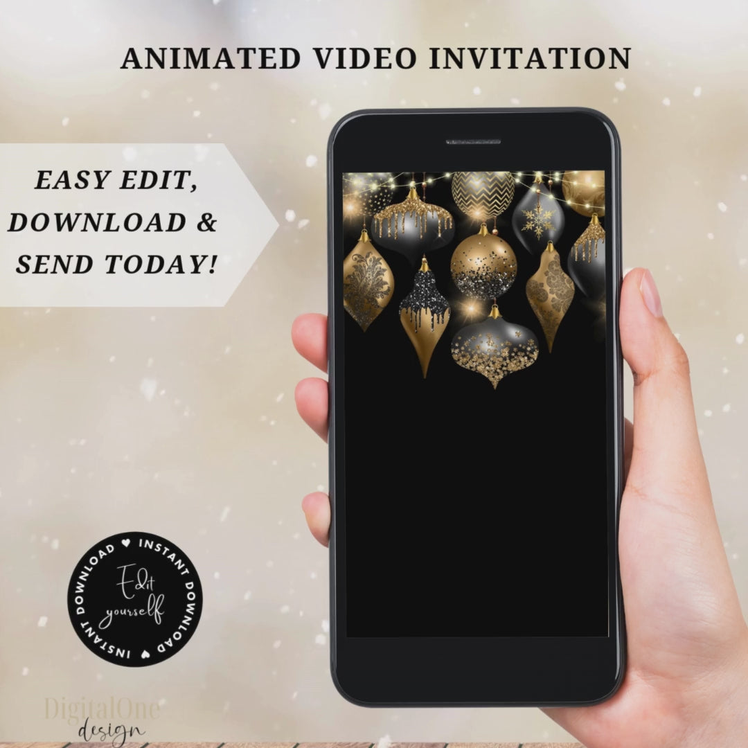 Animated Video Black and Gold Christmas Holiday Invitation