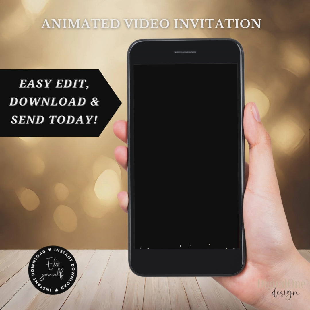 Mobile phone displaying an animated video invitation with editable text and download instructions.