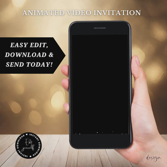 Mobile phone displaying an animated video invitation with editable text and download instructions.