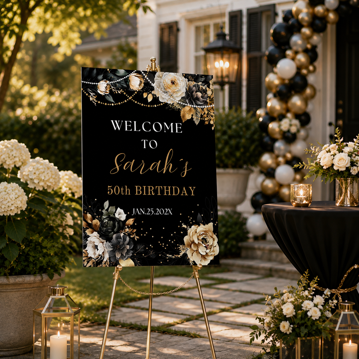 Elegant Black & Gold Floral Birthday Welcome Sign designed for Sarah's 50th birthday celebration in an elegant outdoor setting.