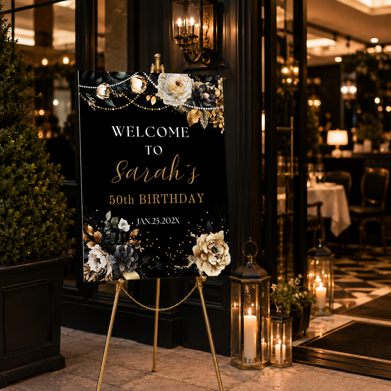 Elegant Black & Gold Floral Birthday Welcome Sign for Sarah's 50th Birthday celebration.