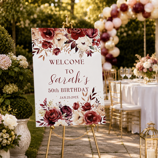Editable Burgundy Pink Blush Floral Welcome Sign Template at a 50th birthday celebration with elegant decor.