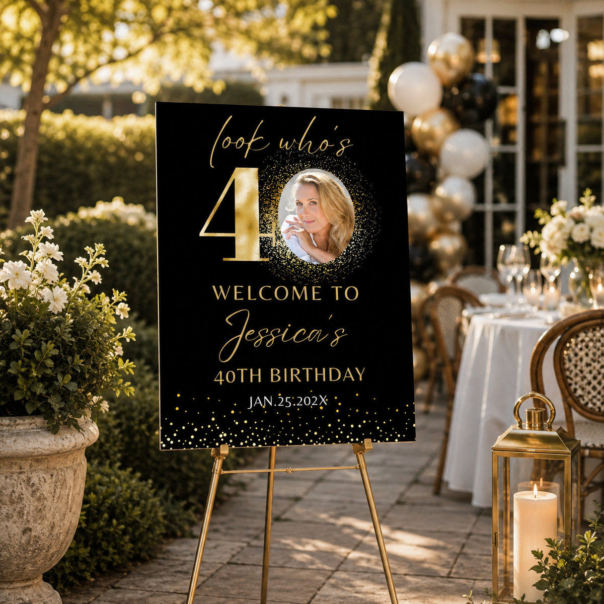 Black and Gold 40th Birthday Welcome Sign displayed at an elegant outdoor party with festive decor.