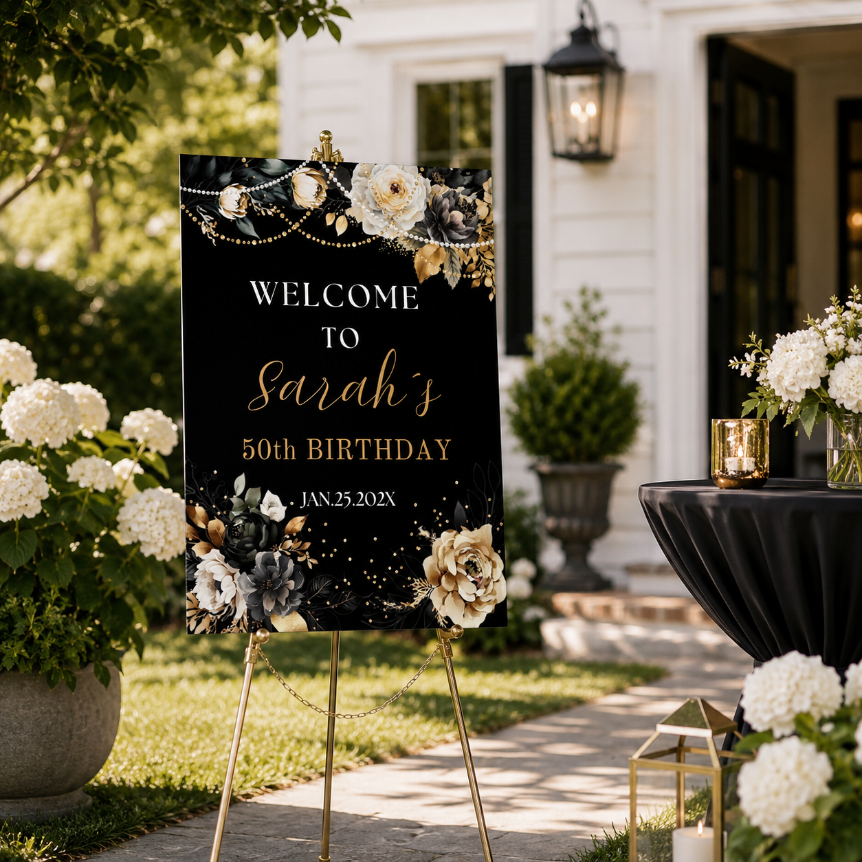 Elegant Black & Gold Floral Birthday Welcome Sign at Sarah's 50th birthday celebration.